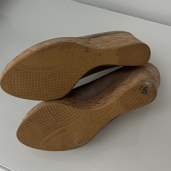 Stuart Weitzman Anna Peep Toe Suede Cork Wedge Heels in Beige Tan 8 - Picture 8 of 10